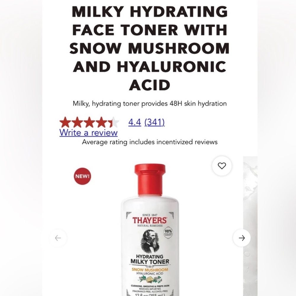 🖤5/$25🖤 Thayers Milky Hydrating Face Toner 3 oz mushroom